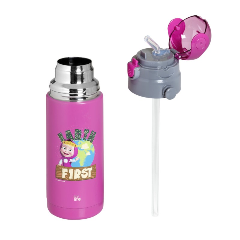 Eco Life Παιδικό Ανοξείδωτο Παγούρι Θερμός Kids Thermos "Masha - Earth First' 400ML" Magenta 400ml