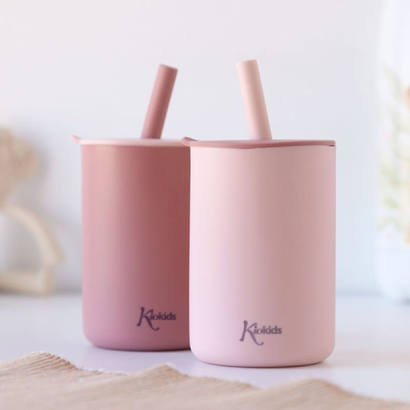 Kiokids Σετ Ποτήρια Σιλικόνης με Καλαμάκι 180ml Ροζ