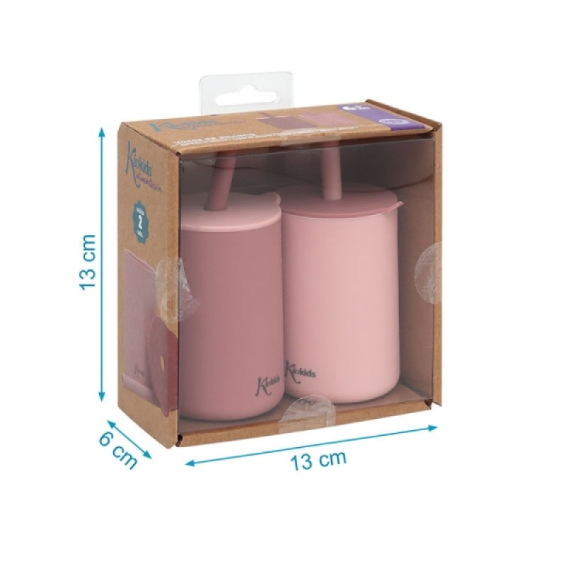 Kiokids Σετ Ποτήρια Σιλικόνης με Καλαμάκι 180ml Ροζ