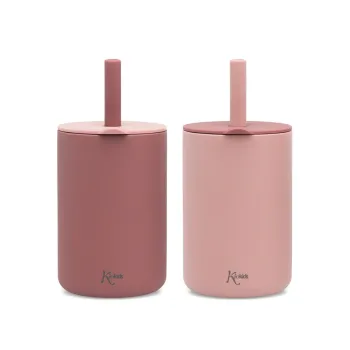 Kiokids Σετ Ποτήρια Σιλικόνης με Καλαμάκι 180ml Ροζ