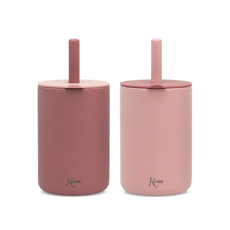 Kiokids Σετ Ποτήρια Σιλικόνης με Καλαμάκι 180ml Ροζ