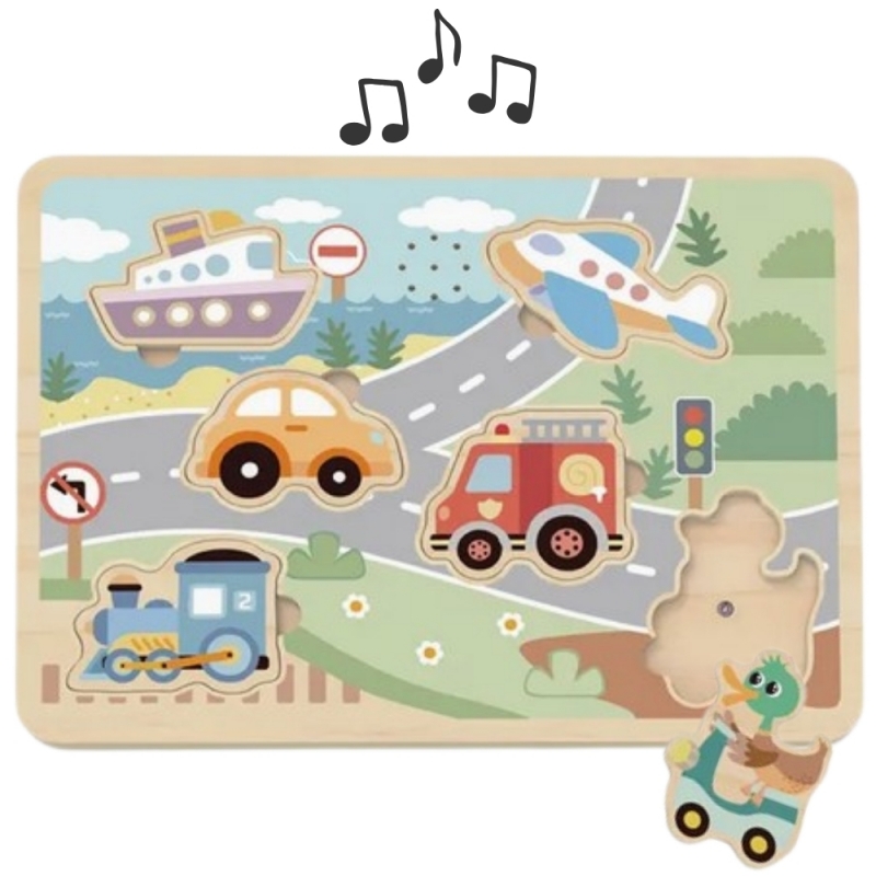 Tooky Toy Ξύλινο Μουσικό Παζλ Με Ενσφηνώματα "Οχήματα"