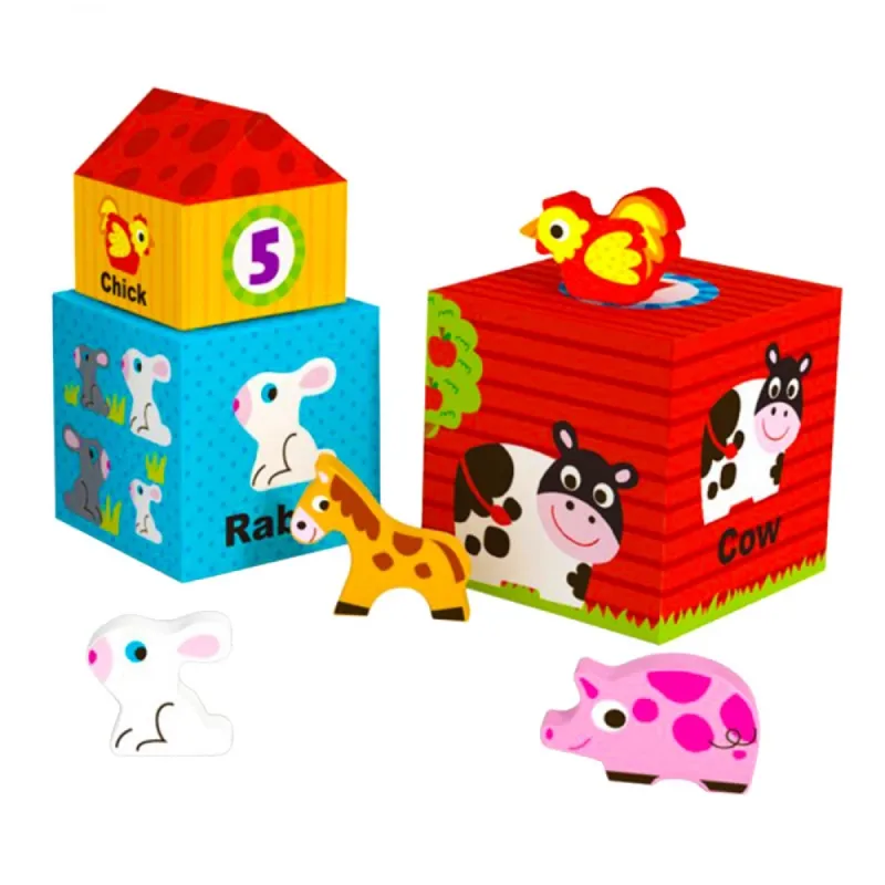 Tooky Toy Κύβοι  Στοιβαξης Με Ξύλινες Φιγούρες "Φάρμα"